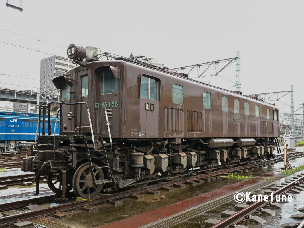 雨に濡れた茶色いEF15形電気機関車と青いEF65形電気機関車