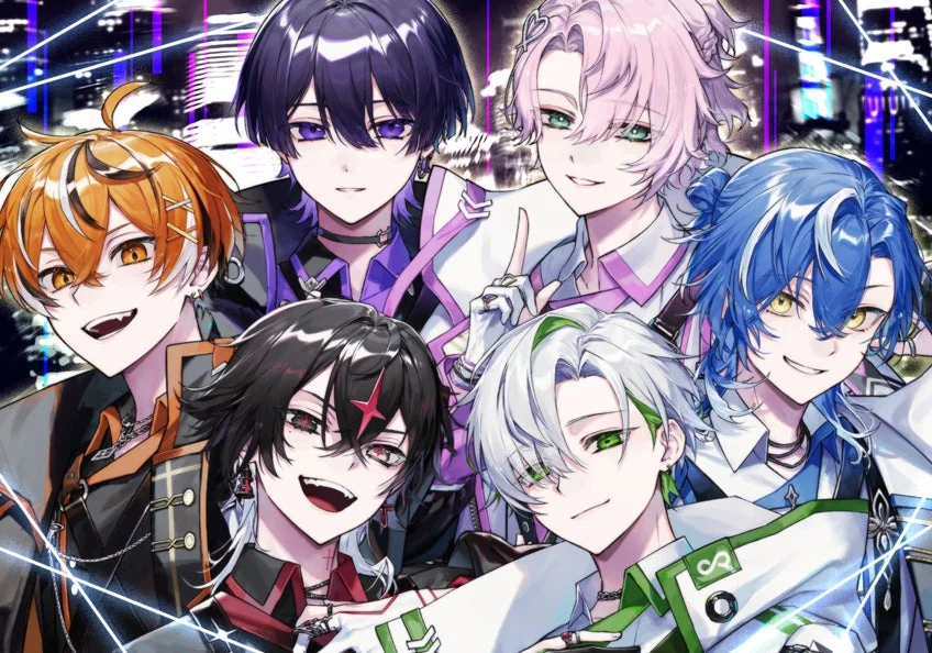 夜の街を背景に、6人の個性豊かな男性キャラクターが笑顔でポーズをとっているアニメスタイルのイラストです。