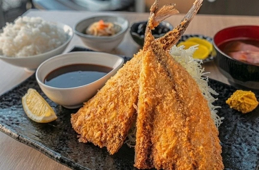 黄金色に揚がったアジフライがメインの和食定食