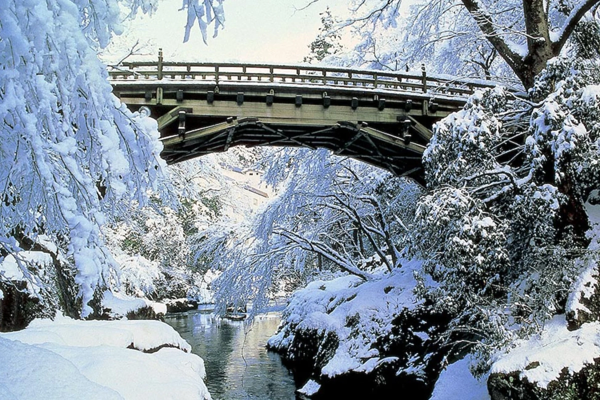 雪景色の中の橋と川