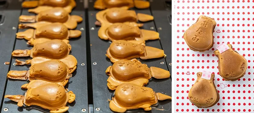 温泉マークが特徴的な焼き菓子「湯たみ」の製造風景と完成品