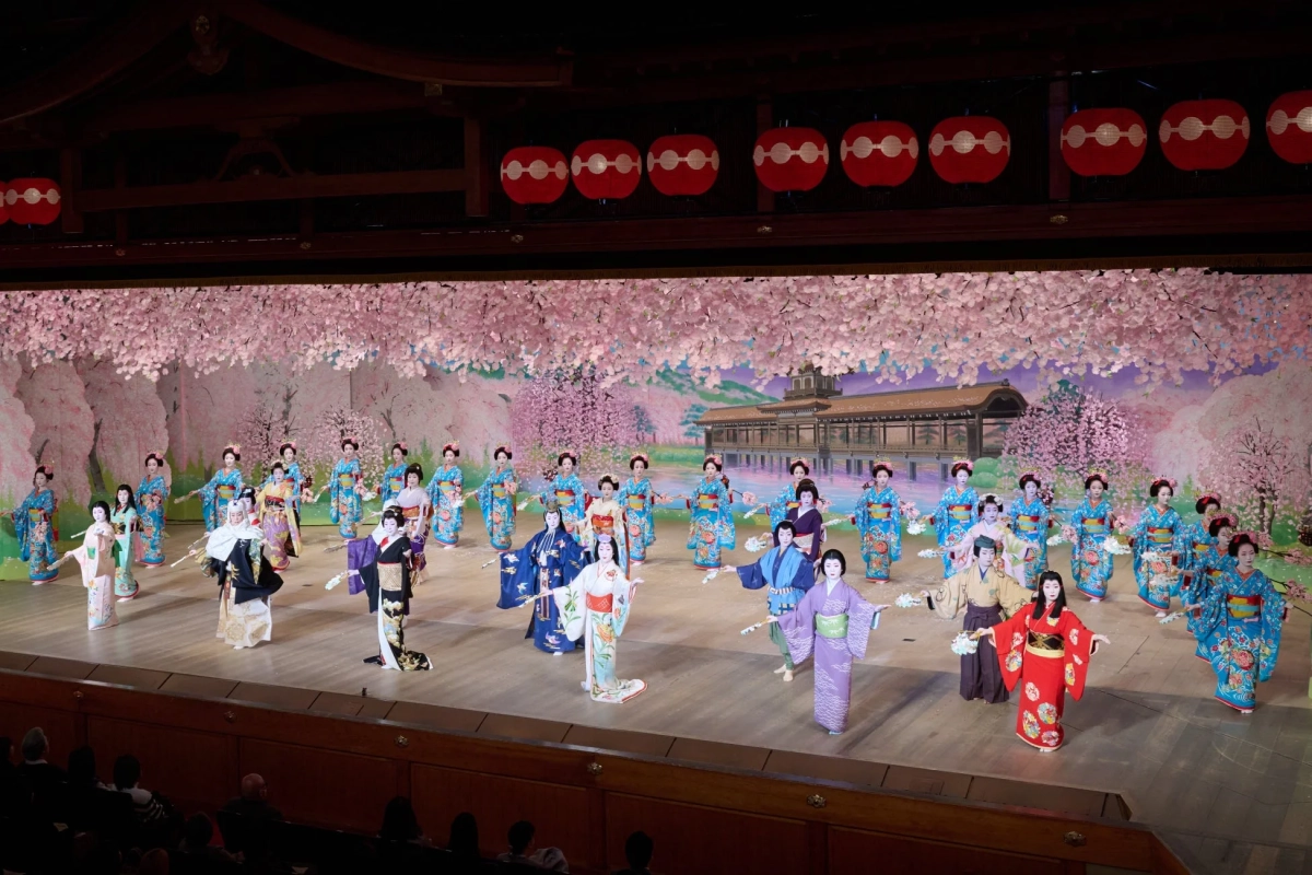 満開の桜を背景に、華やかな着物をまとった多くの芸妓や舞妓が舞台で優雅な舞を披露している伝統的な日本の舞台芸術の様子です。観客がその美しいパフォーマンスを見守っています。