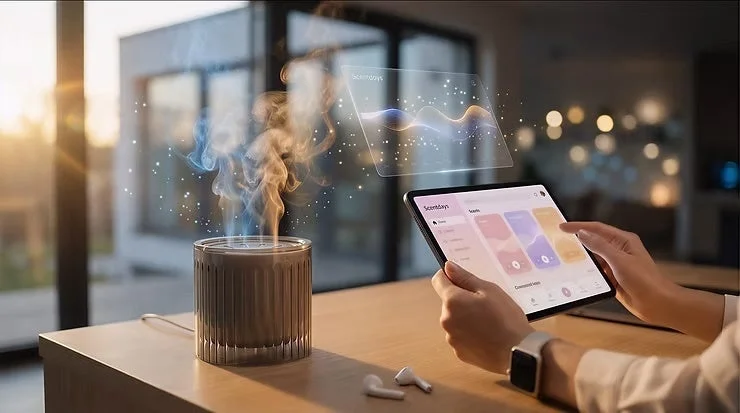 スマートアロマディフューザーをタブレットで操作する様子