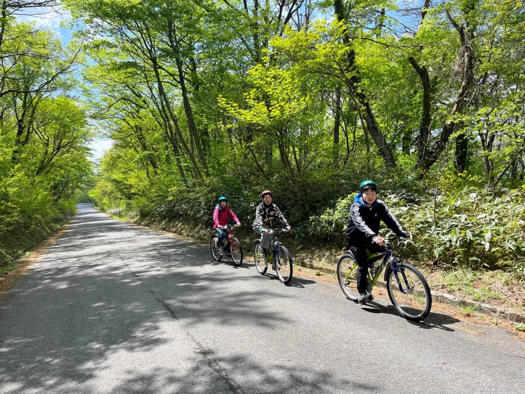 森の中を自転車で走る家族