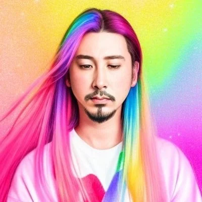 虹色の長髪と顎鬚が特徴的なアジア人男性のポートレート
