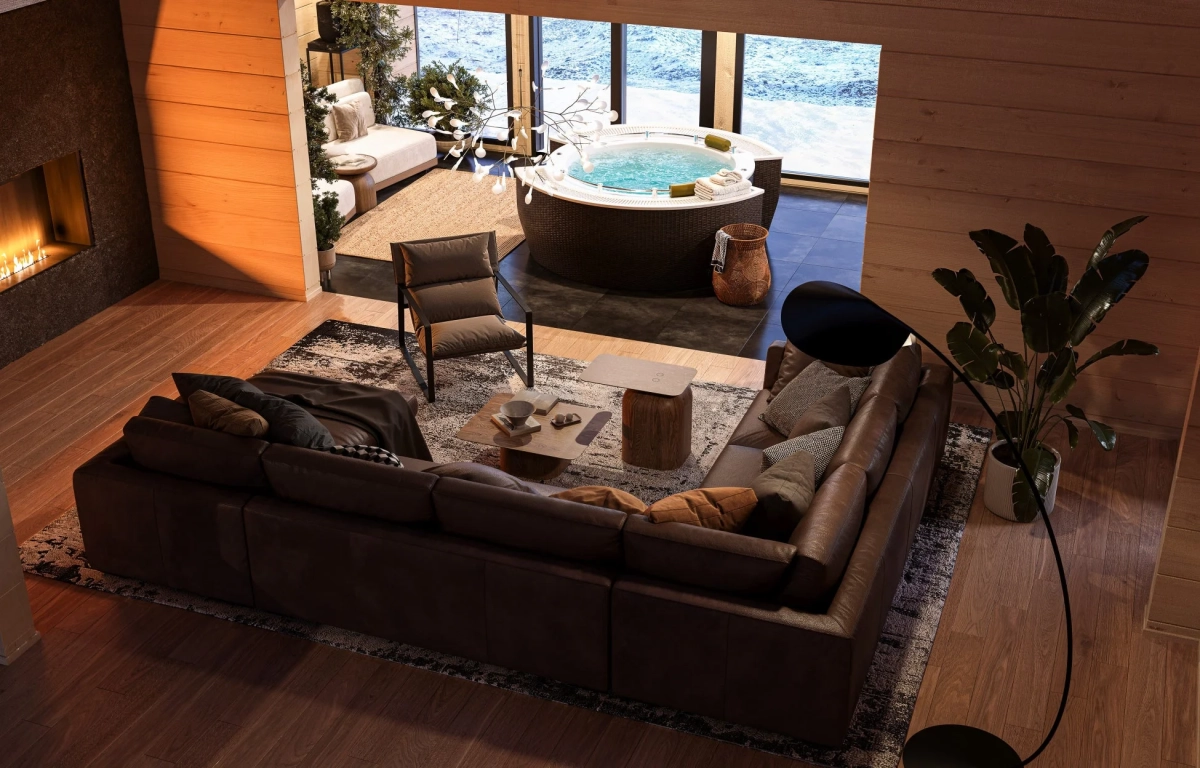 豪華なリビングルームとジャグジーエリア