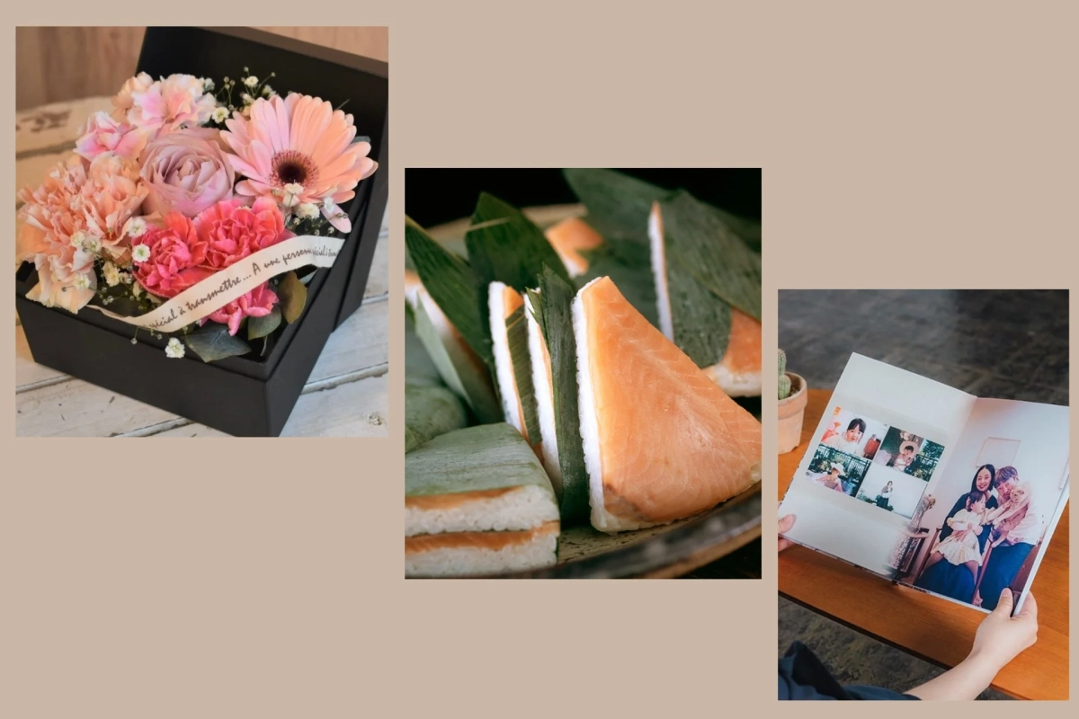 花束、寿司、写真アルバム