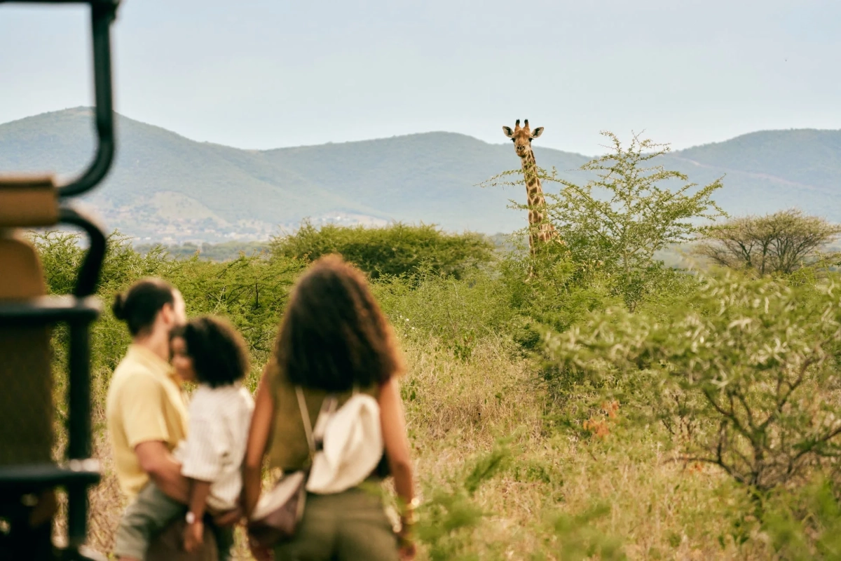 サファリツアーでキリンを観察する家族