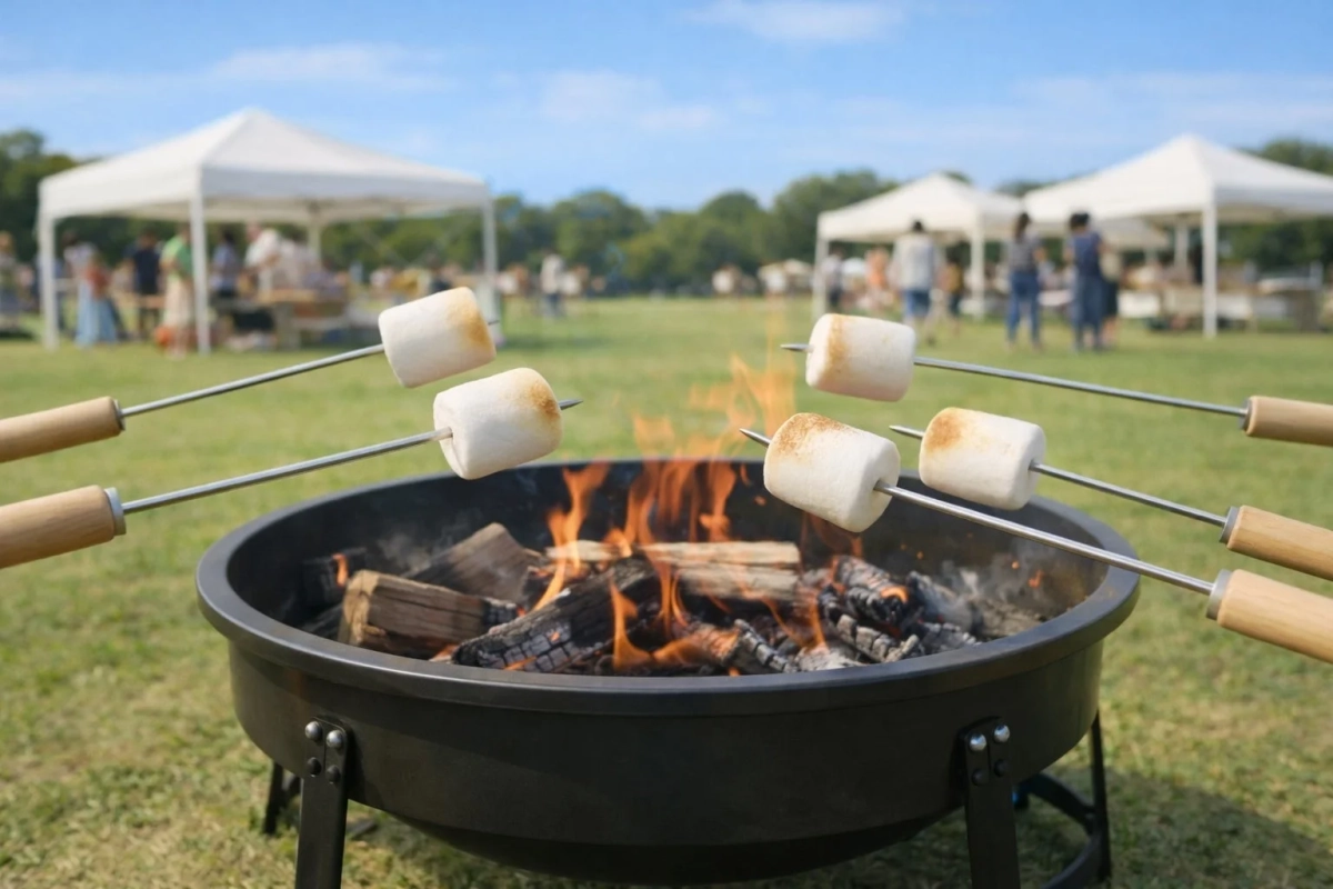焚き火でマシュマロを焼く人々