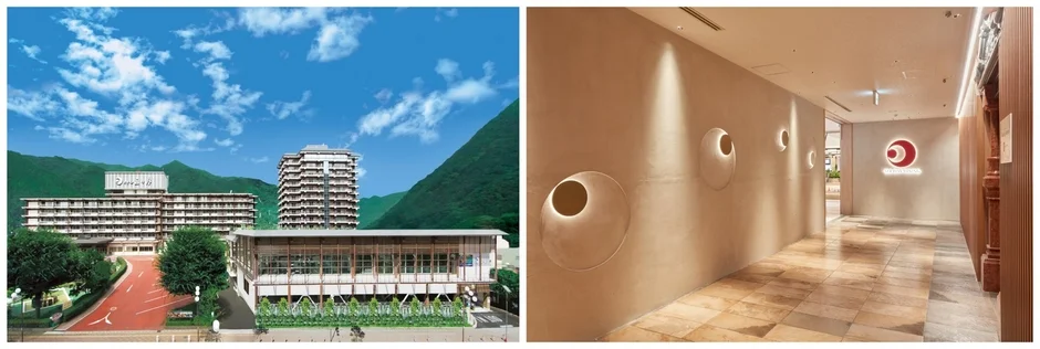 山々に囲まれたホテル外観と、モダンなデザインのホテルの廊下を示す画像です。