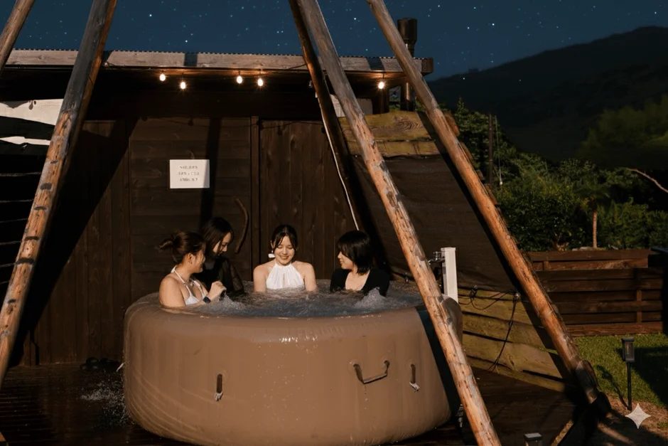 夜の屋外ジャグジーで楽しむ女性たち