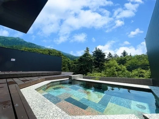 山と豊かな緑に囲まれた開放的な屋外の温泉またはプール