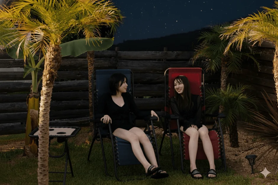 夜の屋外でリラックスする女性たち