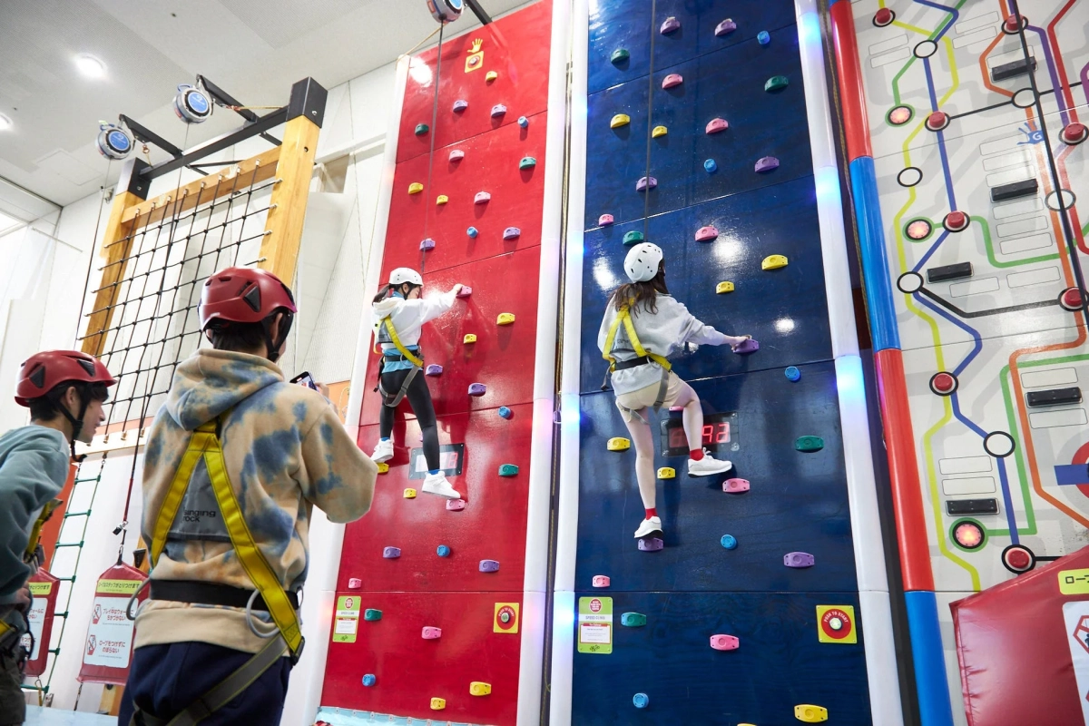 クライミングウォールに挑戦する人々