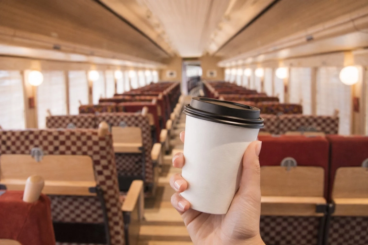 レトロな雰囲気の列車内で、手が白いコーヒーカップを持っている様子。空席が並ぶ車内で、旅の途中の休憩やリラックスした時間を思わせる一枚です。