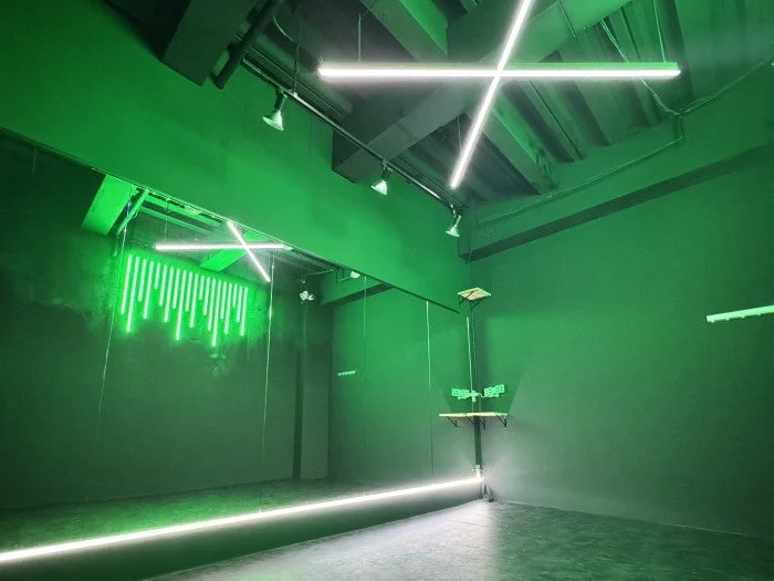 暗い緑色の壁と床の部屋で、天井にはX字の白い蛍光灯、壁には緑色のネオンライトが配置された幻想的な空間