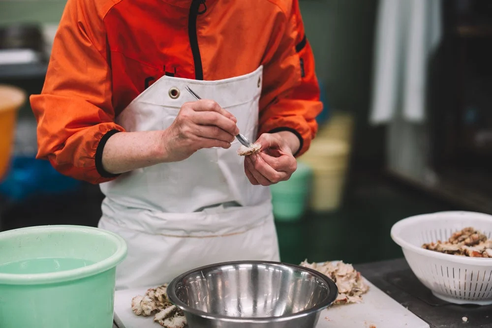 職人がカニを処理している様子