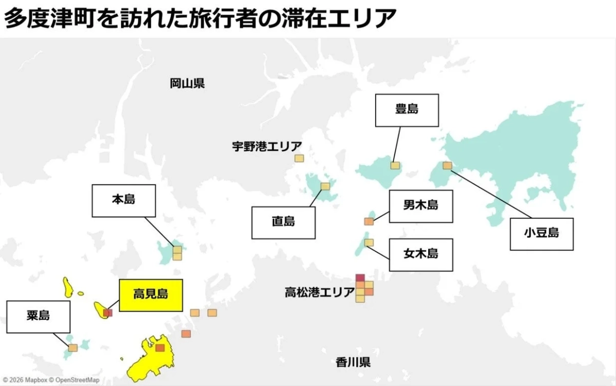 多度津町を訪れた旅行者の滞在エリアと市区町村間移動