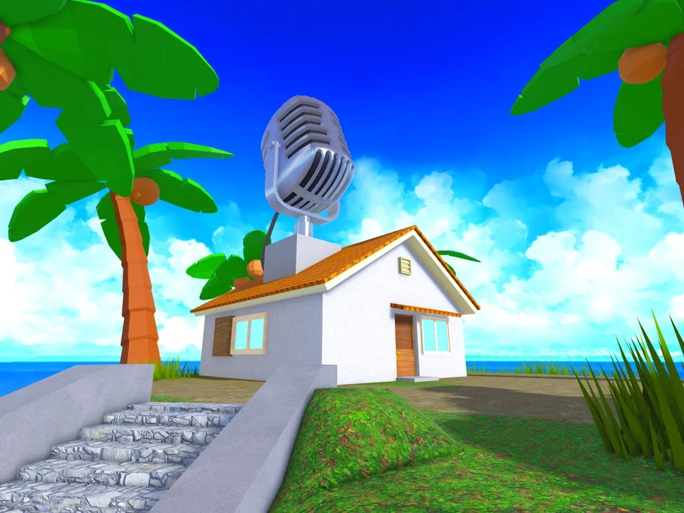 海辺の白い家と巨大なマイク