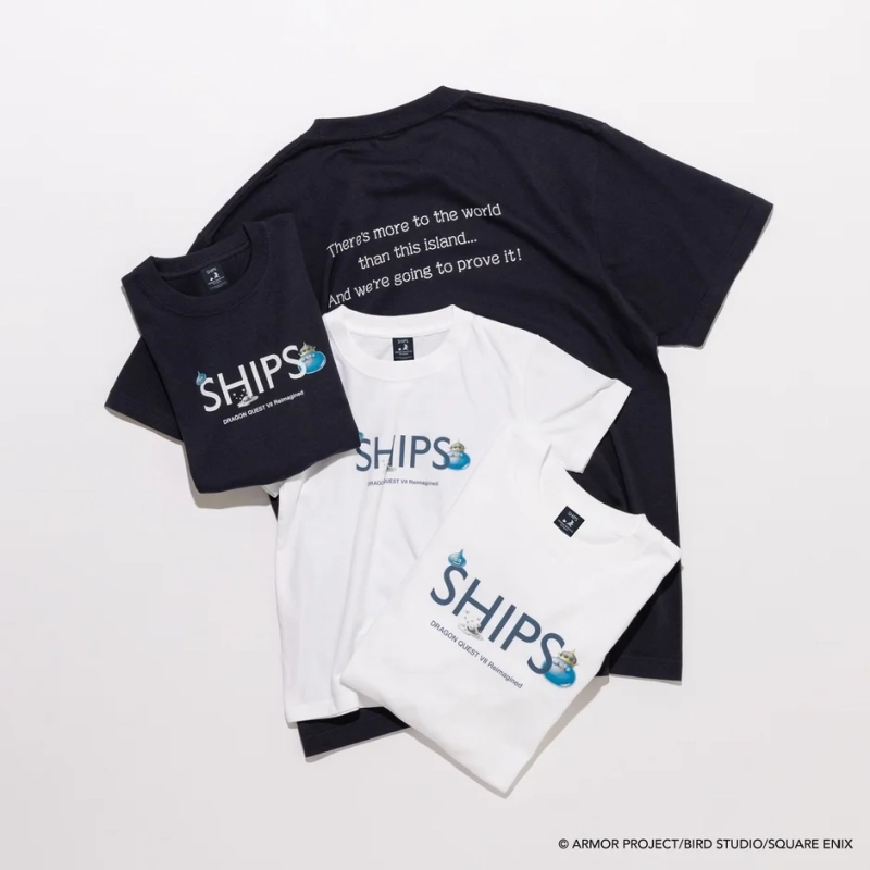SHIPSとドラゴンクエストVIIがコラボレーションしたTシャツが複数枚、平置きで並べられた商品写真