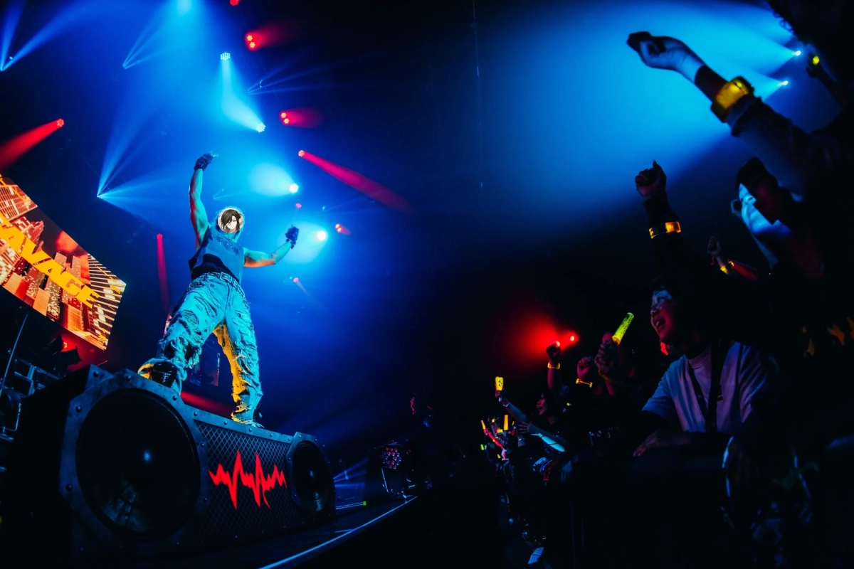 ステージ上で熱唱するパフォーマーと盛り上がる観客