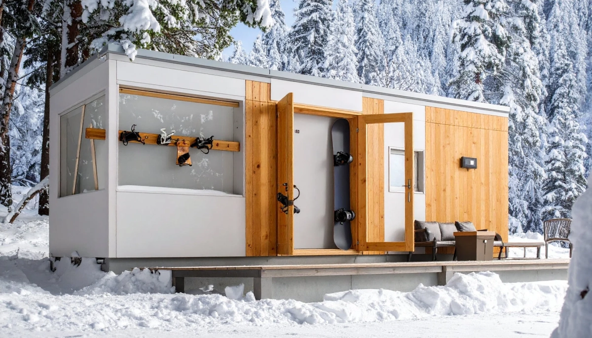 雪に覆われた森林の中に建つモダンなキャビン