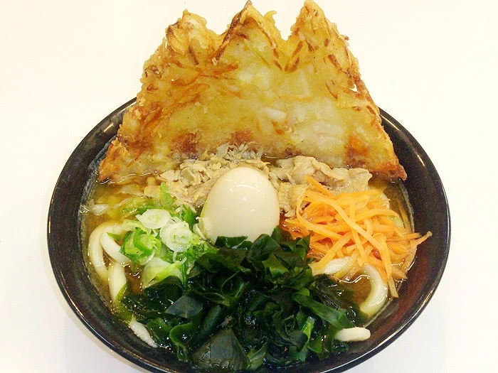 大きな天ぷらをメインに、卵、肉、人参、ネギ、ワカメなど様々な具材が盛り付けられた、具だくさんのうどんの丼です。