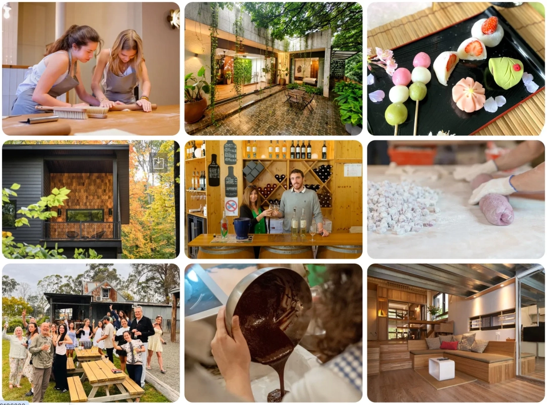 料理、建築、自然、人々の集まりなど、多様なライフスタイルの場面が描かれたコラージュ画像