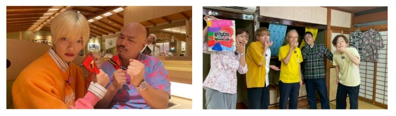 和食店でポーズをとる出演者たち