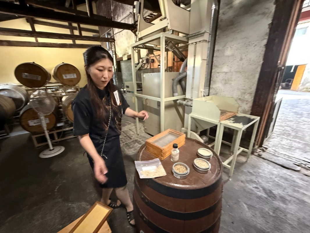 醸造所のような場所で、一人の日本人女性が樽の上に並べられた穀物サンプルを指差しています
