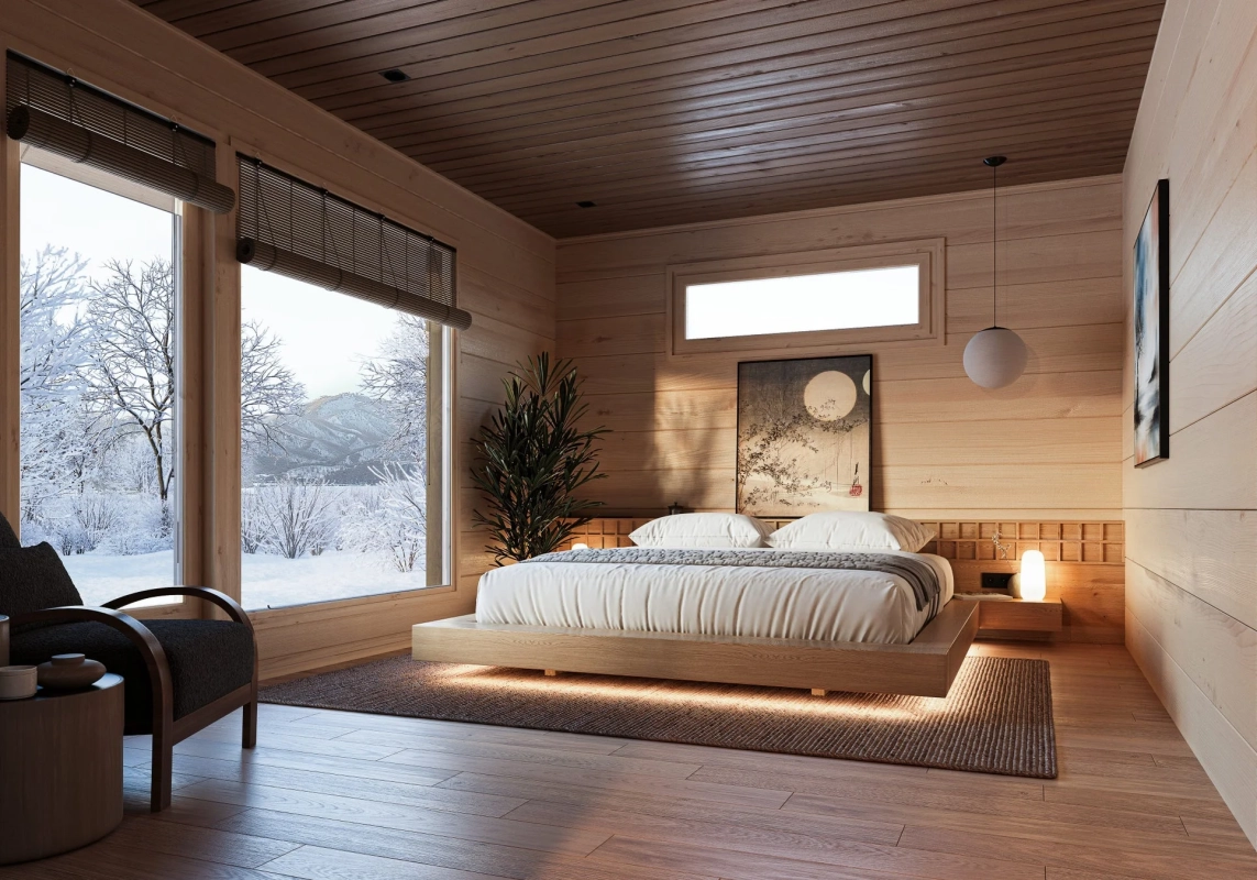 雪景色を望むモダンな寝室