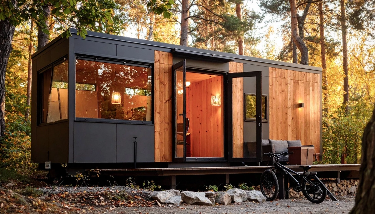 紅葉した森の中に佇むモダンなタイニーハウス