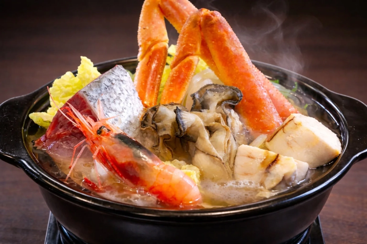 湯気が立ち上る黒い土鍋に、カニの足、エビ、カキ、魚、野菜など様々な海の幸が豪華に盛り付けられた海鮮鍋
