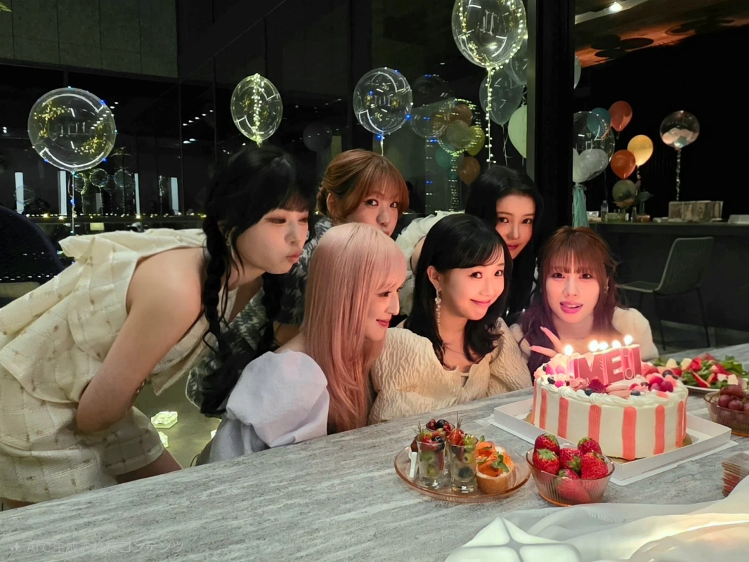ME:Iメンバーがケーキを囲む夜のシーン