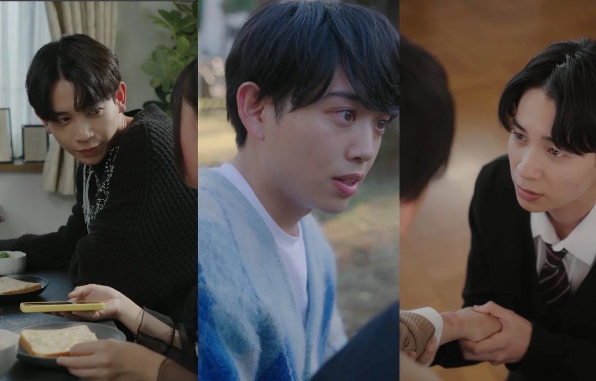 3つの異なる場面で、一人の若い男性が様々な表情を見せている画像です。左ではテーブルで誰かと向き合い、中央では何かを心配そうに見つめ、右では制服姿で相手の手を握り真剣な表情をしています。