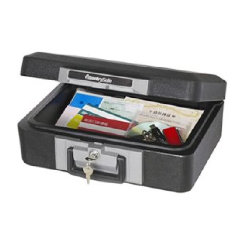 黒いポータブル金庫が開いており、中に重要書類や鍵が収納されている画像
