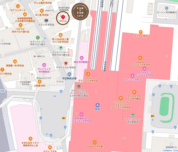 この画像は、所沢駅周辺の地図であり、主要な商業施設や店舗の配置を示しています。グランエミオ所沢を中心に、飲食店、コンビニエンスストア、カフェなどが詳細に表示されており、駅周辺の施設へのアクセスや位置関係を把握するのに役立ちます。