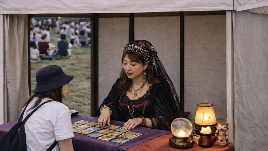 テントの下でタロットカードを使って占う女性