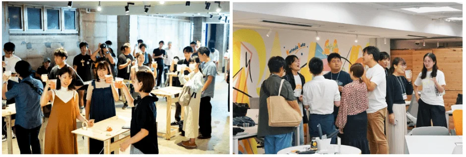 多くの人々がドリンクを片手に交流している様子