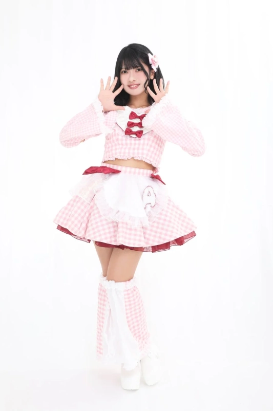 ピンクのギンガムチェック柄のメイド服を着た若い女性