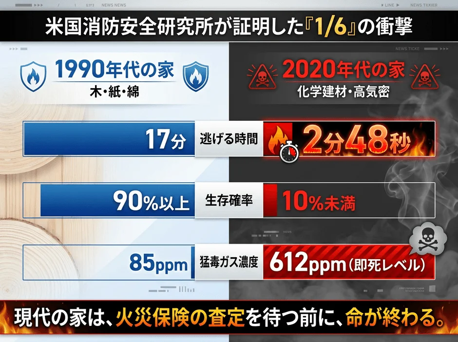 米国消防安全研究所のデータに基づき、1990年代の家と2020年代の家の火災時の安全性を比較
