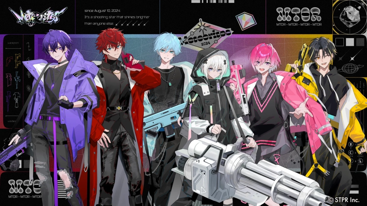 カラフルな髪色の6人の男性アニメキャラクターが、スタイリッシュな衣装と未来的な武器を身につけてポーズ