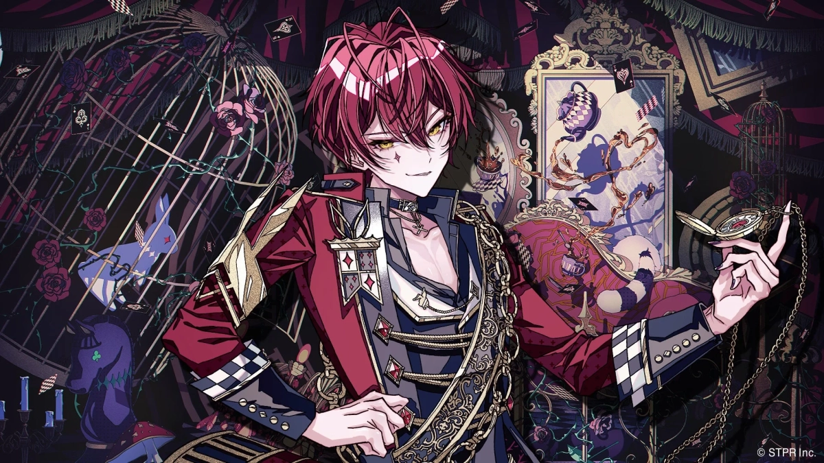 赤髪の男性キャラクターが、アリスインワンダーランドをモチーフにしたダークファンタジー風の世界観で描かれたイラスト