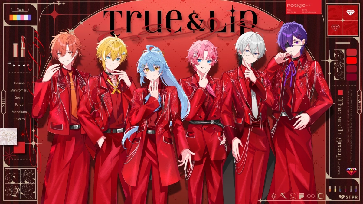 赤い衣装をまとった6人組の男性アイドルグループ「True & Lip」のイラスト