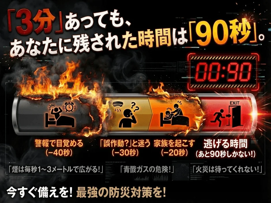 火災発生時、3分の猶予があっても実際に避難できる時間は90秒しかないと警鐘を鳴らすポスター