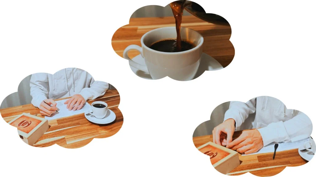 コーヒーを飲みながら謎解きをする様子