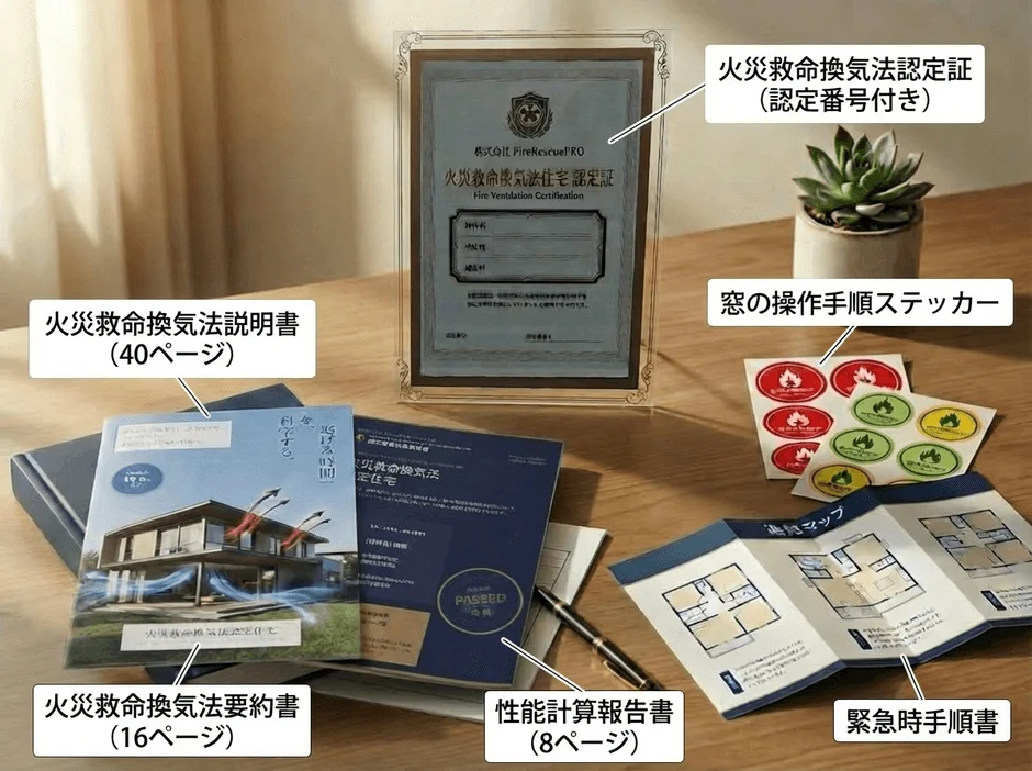 火災救命換気法に関する認定証、説明書、要約書、性能計算報告書、緊急時手順書、窓の操作手順ステッカー