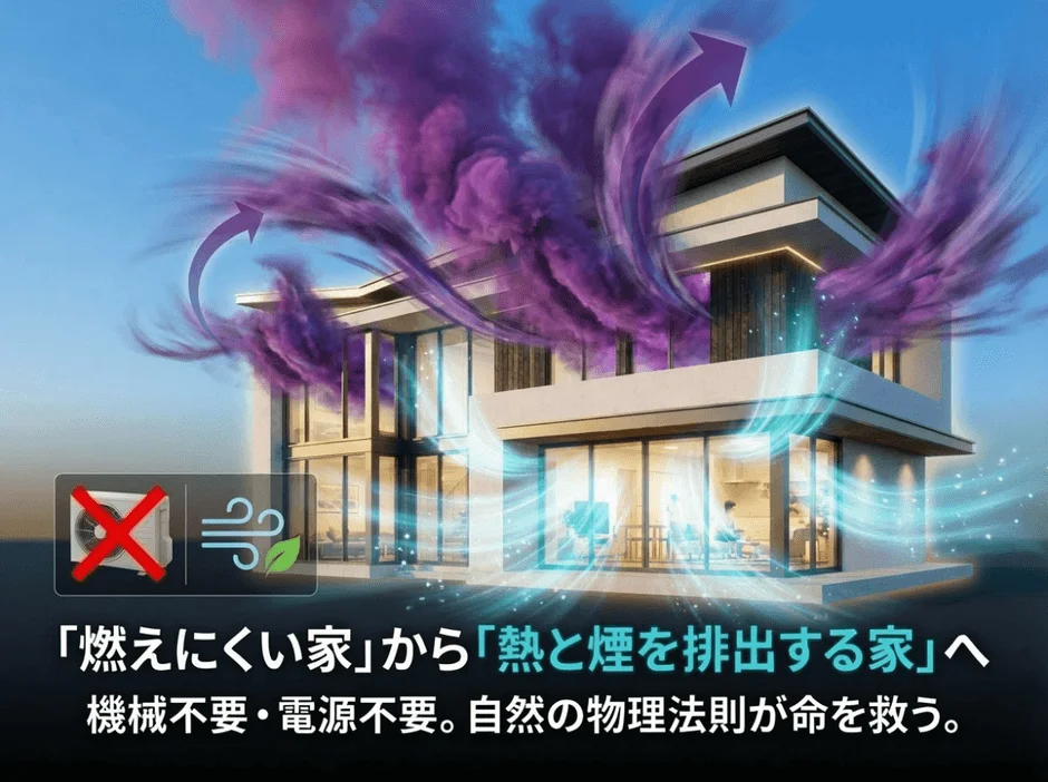 火災時に煙や熱を効率的に排出する住宅の概念図