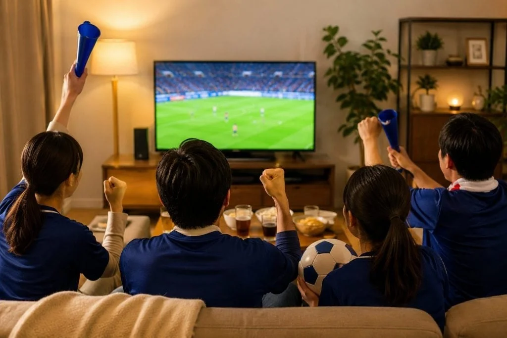 リビングでサッカー観戦する人々
