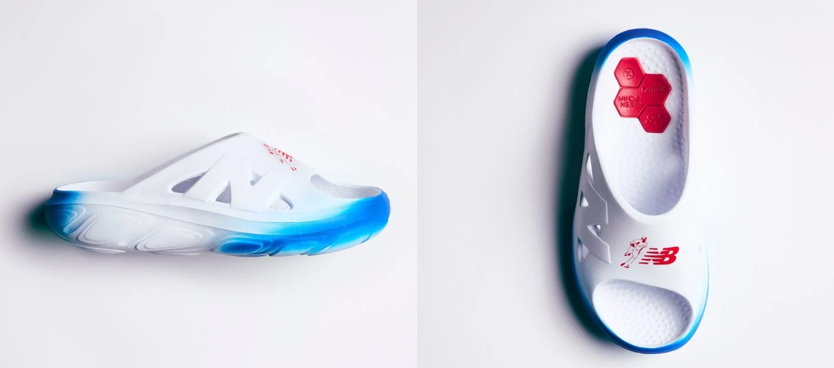 白と青のツートンカラーのNew Balance製シャワーサンダル